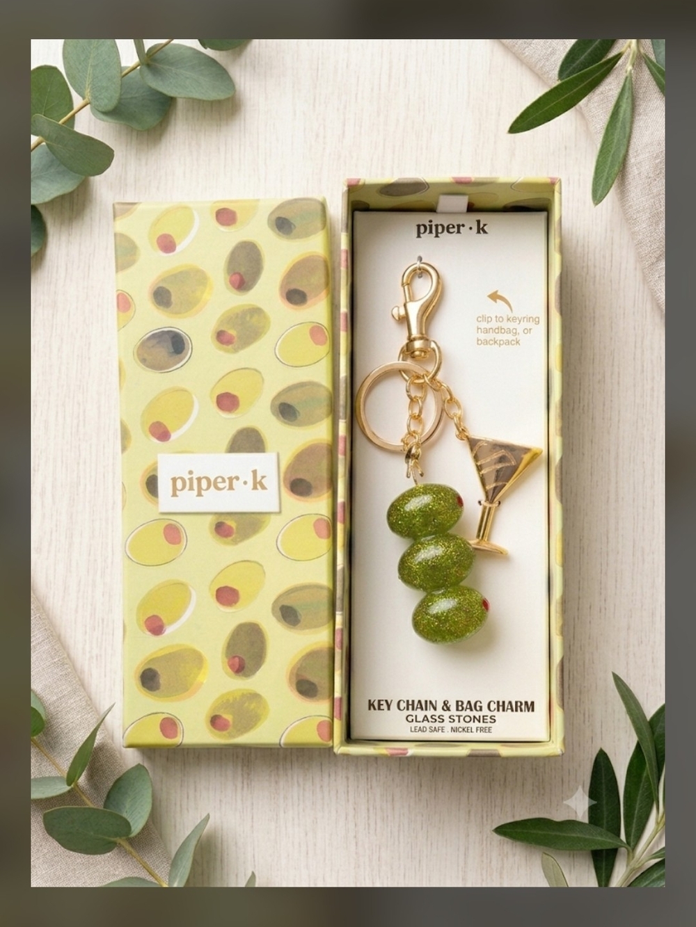 Piper Sparkling Olive Glass Stone Keychain with Gold Martini Charm NWT In Box
